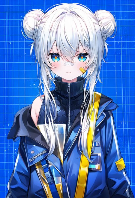 1girl,original,bandaid,bandaid on face,bandaid on nose,blue eyes,blue jacket,blue theme,braid,closed mouth,double bun,double vertical stripe,grid background,hair between eyes,hair bun,high-visibility clothing,high-visibility vest,high collar,jacket,long hair,looking at viewer,mole,mole under eye,sidelocks,solo,straight-on,twin braids,upper body,white hair,zipper,zipper pull tab,white eye,expressionless,french braid,blush,single bare shoulder,blue background,open clothes,two-tone eyes,long sleeves,turtleneck,light particles,simple background,straight hair,bandaid on cheek,yellow pupils,open jacket,red eye,honeycomb \(pattern\) <lora:caoXL_NBVP1_lokr_V6311PZ:0.95>