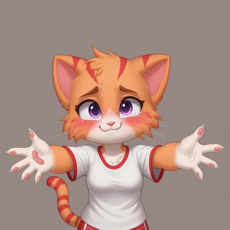 SuperKitties, Anthropomorphic body, Ginny, mammal, furry, orange tabby munchkin, \(artwork\), high quality/resolution, 4K, 2023, solid color background, solo focus, shaded, portrait, fur, female, biped, short stack, purple eyes, red stripes (in between 2 zig zag stripes), cat tail, ears down, chestnut (color) orange thin eyebrows, eyes opened, blushing red face, light pink solid color shirt, oversized shirt, magenta dolphin shorts, looking at the viewer, one eyelash, POV, incoming hug, hands reaching the viewer, smiling, sad, mouth slightly open, no hair only fur, shading, round-shaped head, white whiskers, white vanilla colored hands and feet (paws) close up, head slanted sideways