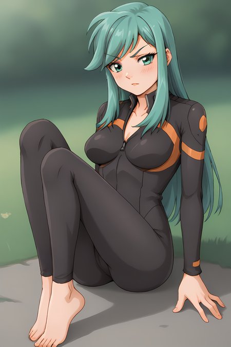 (bodysuit:1.60), cra-billy, green eyes, eyeliner, green hair, bangs, swept bangs, long hair, sidelocks, 
medium breasts, 1girl, solo, skinny, (source_anime, score_9, score_8_up, score_8, score_7_up), score_7, score_6_up, score_6, score_5_up, score_5, 
(blush:1.30),
(outdoors:1.10),
(close-up:1.20), (feet:1.20),
<lora:cra-billy-V04:0.90>