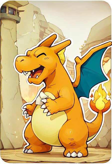 score_9, score_7_up, 
solo, pokemon \(creature\), feral, wings, flame-tipped tail, orange skin, claws, digitigrade, dot eyes, 
full body, cheerful, white outline, 
Expressiveh, (innv:0.4), (paper_mario_style), zzCitronCAT,