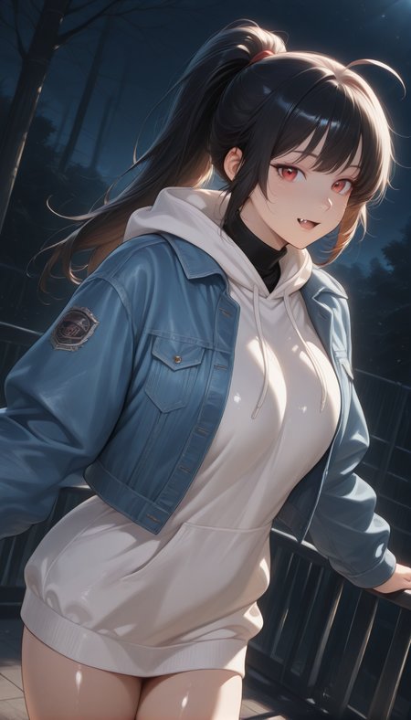 <lora:LCMTurboMix_Euler_A_fix:1> <lora:example_SDXL:0.3>, EZRealPONYXL, <lora:Dramatic Lighting Slider:3>
DSLR,realistic,cosplay photo, (very awa,masterpiece,best quality,year 2024,newest,absurdres,highres:1), realistic,skin texture,facial features, photography shot with Canon EOS 5D Mark IV , realistic, RAW, best quality, masterpiece, amazing quality, skin details,
1girl, highly detailed beautiful face, large natural breasts,
detailed background, shiny skin, dutch angle, night, moonlight,
beautiful detailed eyes, intricate details, absurdres, anime screencap,
 <lora:YoakenoNanashi_Vtuber_kill0825:1>
VTNanashi, long hair, black hair, red eyes, fang, ahoge, sidelocks,
long sleeves, jacket, ponytail, thighs, open clothes, hood, mole, open jacket, sweater, black shirt, hoodie, hood down, blue jacket, denim, white hoodie, undershirt, denim jacket, shirt, turtleneck, 
Dynamic pose,