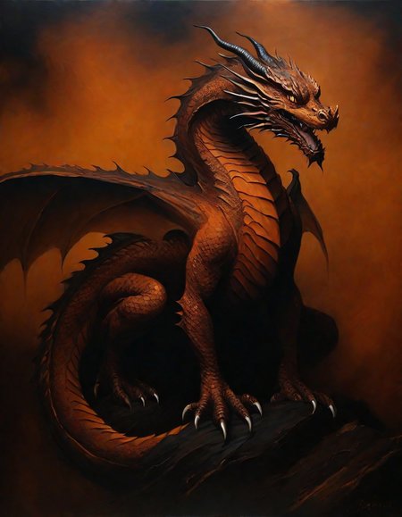 masterpiece, professional artwork, (oil painting:1.5),   Rust theme, (black background), upper body painting of a dragon, looking at viewer, surrounded by fog  <lora:Dark_Fantasy_Painting_SDXL:0.8>