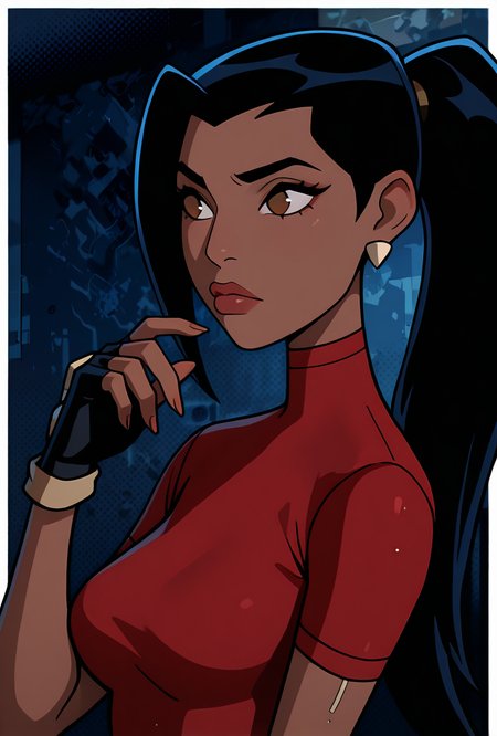 <lora:ovkai-10:1> ovkai, 1girl, long hair, black hair, dark skin, ponytail, earrings, lips, red shirt, short sleeves, turtleneck, fingerless gloves, cartoon, masterpiece, best quality, amazing quality, very aesthetic, absurdres, newest,, upper body, halftone effect, white borders, abstract background:1.2,