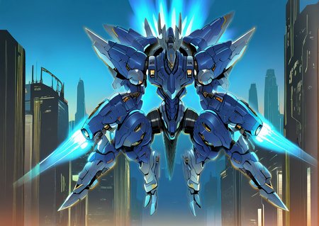 sfw, masterpiece, best quality,absurderes,no humans,arm cannon,dorugoramon mecha,thrusters,solo,robot focus,outdoors,city,cyberpunk 2077  <lora:DorugoramonIllustrious:0.9>