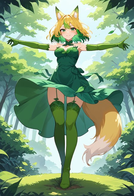 score_9, score_8_up, score_7_up, fox girl, 1girl, long green hair, yellow hair, fox tail, two-tone hair, watson cross ,green eyes, leaf dress, leaves ice fox, breasts, leaf lingerie, green elbow gloves,green thighhighs, tpose, t-pose, blush, standing, spread arms, full body, light smile, wind, from below, rating_safe
<lora:T-Pose (pony) v1:1>