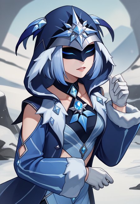 score_9, score_8_up, score_7_up, source_anime BREAK 1girl, solo, <lora:cryocicin-gi-richy-v1_pdxl:1> cryocicin, blue hair, eye mask, hood, hooded cloak, blue dress, halterneck, fur trim, long sleeves, white gloves, diamond \(gemstone\), parted lips, looking at viewer, tundra, outdoors, fantasy