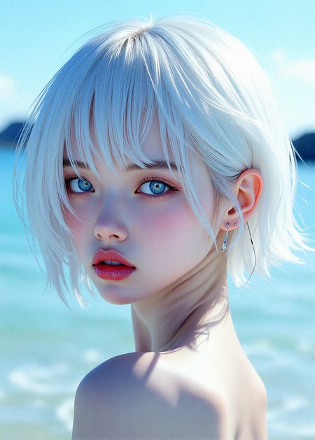 A hyper-realistic close-up of a short haired woman with icy white hair with hair over one eye,  and pale, flawless skin. Her eyes are bright light blue, almost glowing, with digital patterns reflecting in them. Her lips are a glittering light pink, glossy and perfectly shaped. The background is an abstract, digital landscape, with soft gradients and blurred shapes, creating a dreamy, otherworldly atmosphere.

semi-transparent fabric layers that cling to the skin, creating a subtle, alluring effect with the water enhancing the texture and Soft, Flowing Skirt

realistic shine to the hair, with soft highlights following the natural flow and texture. Add subtle variations in color and thickness for a more dynamic look. soft, glossy texture to the lips, with realistic reflections and subtle texturing to emphasize the natural folds and curves.

intricate details to the eyes, with a reflective, slightly glossy sclera and subtle shading to create depth. a delicate eyeliner with a soft wing, blending gently into the lash line to enhance the eyes without overpowering the natural beauty.

One hand resting lightly on her shoulder, eyes looking off to the side thoughtfully while her lips tightly closed
