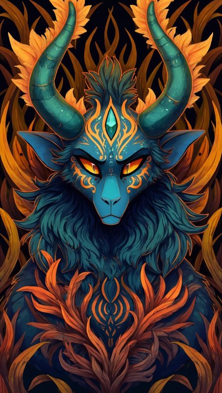<lora:ck-LttleGhost-000011.safetensors:1> in the style of ck-lttlegh0stA majestic horned creature with deep blue skin adorned in intricate, vibrant orange and turquoise tribal designs, set against a backdrop of swirling earthy-toned plant patterns. Its expressive, serene gaze is mesmerizing, as if radiating an otherworldly energy.