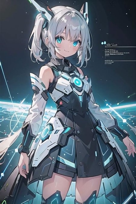 (masterpiece), (science fiction:1.4), 1girl, standing, smile, silver hair, aqua eyes, headgear, long sleeves, detached sleeves, glowing energy clothing, light particles