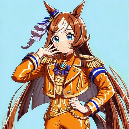(durandal (umamusume), 1girl ,orange peel clothes), cute face, big sword,  yellow_jacket, pants, epaulettes, cropped_jacket, red_jacket, horse_girl, ear_ornament, long_sleeves,frills,