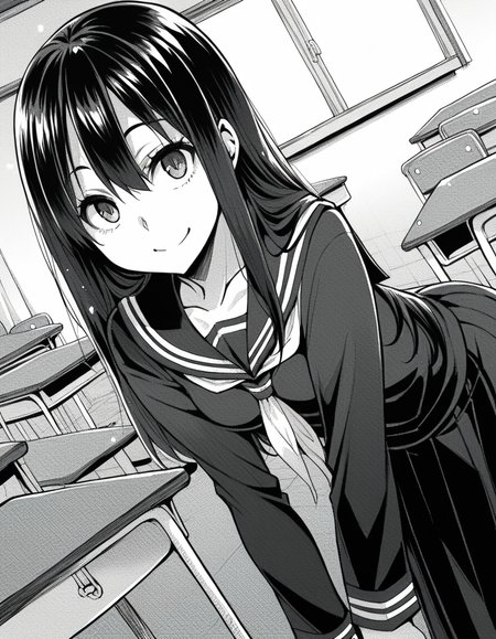 score_9, score_8_up, score_7_up, source_anime,
sakiyoshida, <lora:saki-yoshida-manga-ponyxl-lora-nochekaiser:1>,
saki yoshida, long hair, hair between eyes, monochrome, greyscale,
black hair, skirt, pleated skirt, serafuku, shirt, long sleeves, long skirt, sailor collar, neckerchief, black shirt,
indoors, classroom, bent over, smile,
looking at viewer, solo, dutch angle, cowboy shot,