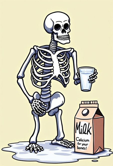 a comic style illustration depicting a skeleton drinking milk from a glass, the milk spills through its rib cage to the floor, nearby there is a carton with a text reads as: "Milk" in large letters, and: "Calcium for your bones!" in smaller letters