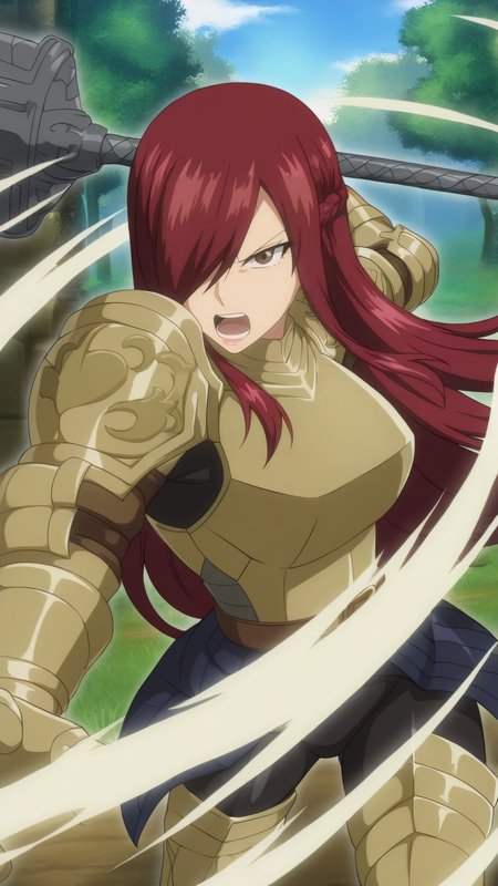 masterpiece, best quality, very aesthetic, absurdres, BREAK, 1girl, looking at viewer, cowboy shot, 
<lora:Piercing_Erza_Illu_Dwnsty:1>, erz_piercing, brown eyes, red hair, long hair, hair over one eye, gauntlets, french braid, breastplate, brass gold armor, shoulder armor, pauldrons, gloves, greaves, armored boots, black faulds, 
 large breasts, lips, serious, holdng weapon, holding polearm, incoming attack, open mouth, scream, fighting stance, 
outdoors, blue sky, village, grass, nature, landscape, forest, sunlight,