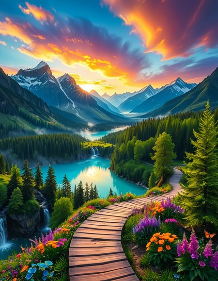 A breathtaking, high-resolution photograph of the most beautiful place on Earth, where natureâs wonders blend in perfect harmony. Towering, snow-capped mountains rise majestically in the background, their peaks glowing under the golden hues of a setting sun. Below, a crystal-clear turquoise lake reflects the colors of the sky, surrounded by lush, green forests filled with ancient trees, vibrant wildflowers, and cascading waterfalls. A soft mist rises from the valley, adding a dreamlike quality to the scene. In the distance, rolling meadows stretch toward the horizon, dotted with colorful flowers and serene wildlifeâgraceful deer grazing, birds soaring in the sky, and butterflies dancing in the breeze. A wooden footpath winds through the landscape, leading to a secluded, tranquil spot where the beauty of nature can be fully admired. The air is crisp and filled with the soothing sounds of rustling leaves, flowing water, and distant birdsong. The sky above is a masterpiece of colorsâdeep oranges, purples, and pinks blending seamlessly as the sun sets, casting a magical glow over this untouched paradise. The atmosphere is peaceful, awe-inspiring, and filled with a deep sense of wonder and tranquility, as if stepping into a perfect dream.
<lora:SDXLFaeTastic2400:0.4> <lora:extremely_detailed:0.4> extremely detailed, <lora:Earth_P4r4d1s3:1>,Earth P4r4d1s3, Masterpiece,best quality,hi res,8k,hi res,8k,award winning,(sharp focus, intricate, highly detailed),