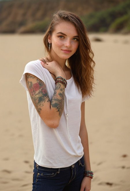 lily, 1girl, solo, rating_safe, beach, upper body, t shirt, skinny jeans, arm tattoo, freckles, bracelet, earring