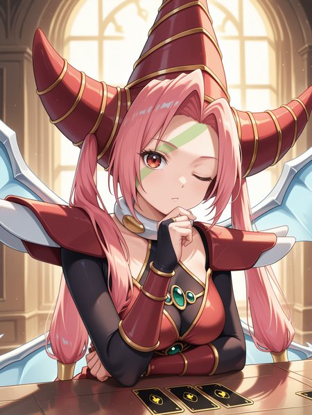 T.G. Wonder Magician, 1girl, solo, hand on own chin, one eye closed, looking at viewer, upper body, closed mouth, green facial mark, card, twintails, black bodystocking, dragon wings, gold hair tubes, red dress, red gauntlets, red wizard hat, red shoulder armor,
masterpiece,best quality,amazing quality,very aesthetic,apussbsurdres,newest,<lora:T.G. Wonder Magician illuXL v1:0.75>,