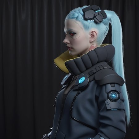 a woman with light blue skin, ligh blue hair, long pigtails,  wear a jacket, robotic big hands, cyberpunk background, highly detailed, photography, ultra sharp, film, bokeh, professional, 64k <lora:Rebecca1024:0.8>