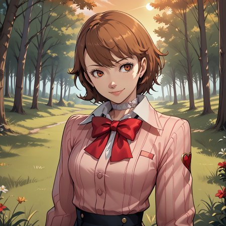 score_9, score_8, BREAK, Yukari Takeba, persona 3 reload style, brown hair, white heart choker, pink striped jacket, red bow tie, short black skirt, sexy pose, self portrait, smile, outdoors, sunlight, shadows, evening lighting, natural lighting, forest, trees, grass, orange sky, sunset