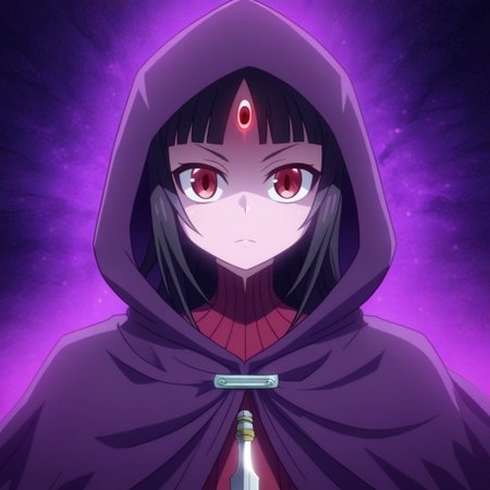 mana_sk style, portrait, focus on face, a mysterious shadow assassin girl with sleek black hair and sharp crimson eyes, wearing a hooded cloak lined with dark purple accents, her face partially hidden by shadows, faint glimmers of daggers in her hands, Japanese RPG style, stealthy and enigmatic atmosphere, intricate details on her cloak and dagger glimmers