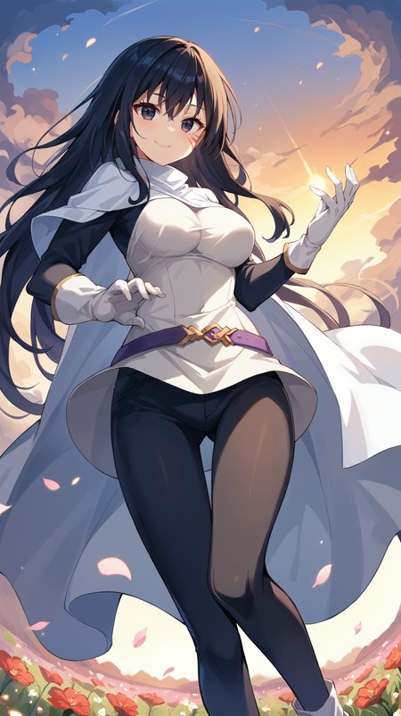 score_9,score_8_up,score_7_up,score_6_up, source_anime, zPDXL3, <lora:xl_more_art-full_v1:0.5>, girl, dynamic pose, touching toes, <lora:Shizue Izawa - Pony-000004:0.8>, white shirt, white cape, black pants, long hair, black hair, dark blue eyes, white gloves, face markings, purple belt, light smile, flower field, windy, sunset, falling petals,