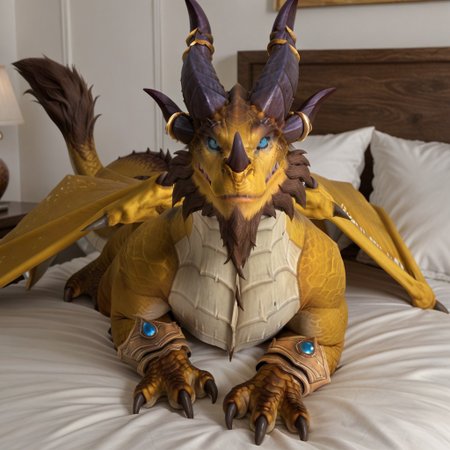 score_9, score_8_up, score_7_up, score_6_up, score_5_up, score_4_up, masterpiece, high quality, realistic, detailed, best quality, white bed, solo, rating_safe, source_furry, bedroom, smiling, seductive pose, lying on belly, looking at viewer, on bed, full body, nozdormu_wc, dragon, yellow scales, wings, horns, tail, tail end, claws, male, 1boy, blue sclera, black pupils, chest fins, feral