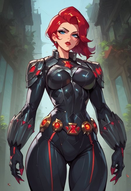 score_9, score_8_up, score_7_up, score_6_up, score_5_up, score_4_up, masterpiece, perfect face, perfect eyes, 4ng3l face, office background, sexy girl, 1girl, ((front view)), blckwdwmr, red hair, blue eyes, makeup, black bodysuit, armor, gloves, boots, belt, ((black bodysuit)), ((solo)), 
standing, looking at viewer,