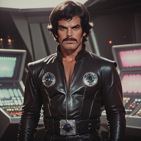 Score_9, score_8_up, score_7_up, score_6_up, BREAK  <lora:70sSci-FiMoviePony:1>  ArsMovieStill, movie still from a 1970s technicolor Sci-Fi movie, The image is a still from a movie or TV show. It shows a man standing in a control room with various electronic devices and controls in the background. The man is wearing a black leather vest with a silver emblem on the left side of his chest. He has a mustache and dark hair and is looking directly at the camera with a serious expression. He appears to be in his late 40s or early 50s. The overall mood of the image is intense and futuristic., 1boy, male focus, facial hair, solo, black hair, mustache, realistic, belt, black eyes, looking at viewer