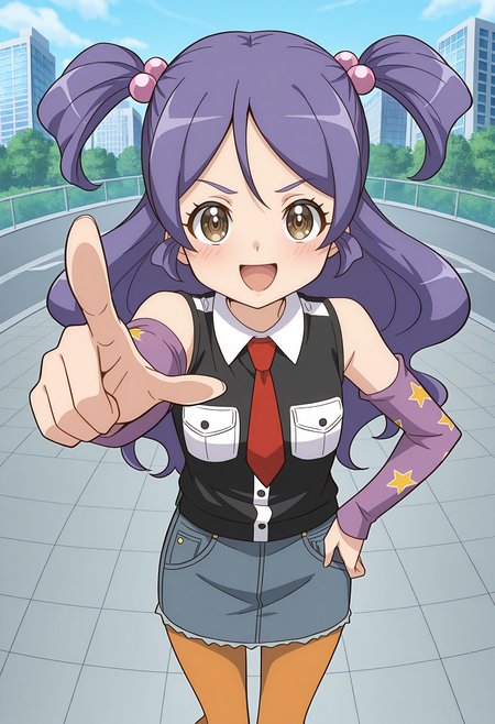 highres, best quality, masterpiece, outdoors, city, fisheye,
anime screencap,
1girl, solo, drlhylg, purple hair, long hair, two-side up, hair bobbles, brown eyes,
black shirt, two-tone shirt, pockets, bare shoulders, red necktie, detached sleeves, purple sleeves, star print, denim skirt, orange pantyhose,
looking at viewer, blush, smile,
standing, pointing at viewer, open mouth, 
<lora:_hu_yuling_dragon_lancer-elesico-ilxl:0.9>
