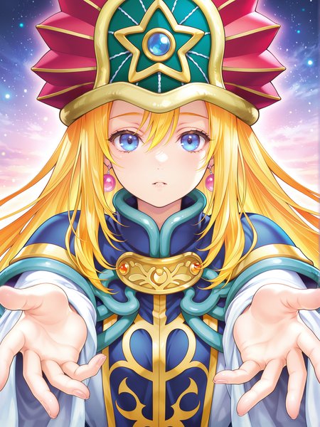 1girl,doriado,solo,pink earrings,upper body,red wizard hat,white robe,official art,looking at viewer,reaching towards viewer, 
masterpiece,best quality,amazing quality,very aesthetic,absurdres,newest,<lora:Doriado 4 in 1 illusXL v1.1:0.7>,