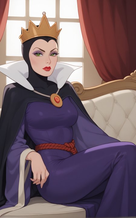 score_9, score_8_up, score_7_up, looking at viewer,  BREAK
Dress_QueenGrimhilde_ownwaifu,
1girl, crown,  makeup, lipstick, red lips,  green eyes,  eyeshadow, breasts,
red rope, rope belt, cape, dress, long sleeves, brooch, gem, robe, wide sleeves, purple dress, purple cape,  jewelry, high collar, silk,
(sitting, spread legs), arms behind back, couch, window shade, indoors, <lora:PONYXL_SnowWhite_QueenGrimhilde_ownwaifu:0.8> , depth of field, solo,