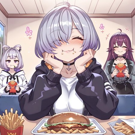 lazypos, girl focus, food, closed eyes, multiple girls, short hair, 2girls, blush, french fries, hair over one eye, holding, food on face, virtual youtuber, long sleeves, purple hair, facing viewer, jacket, solo focus, holding food, eating, smile, grey hair, pov, choker, nail polish, SumiStyle, mimonel