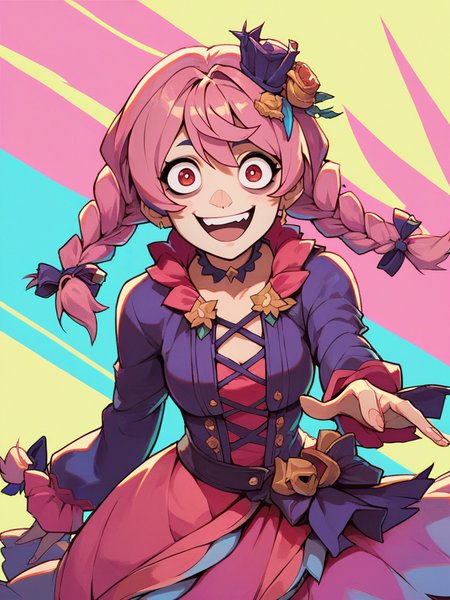 score_9, score_8_up, score_7_up, 1girl, very cute face, pink hair, rags, dress, long sleeves, red eyes, front, crazy eyes, twin braids, idol, looking at viewer, simple colorful background, dynamic pose, cowboy shot, hair ornament,
 <lora:2XKO_style:1>, 2XKO, wide shot,
