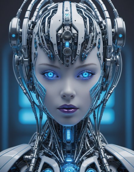 cybernetic robot Breathtaking portrait featuring a stunning porcelain android, 6 years old child, sharp focus on eyes, Their profiles are captured in exquisite detail, revealing intricate cybernetic implants and robotic components beneath their flawless skin, an undeniable grace and elegance that sets them apart from mere machines, Soft light bathes them in a warm glow, rim lighting, vibrant hues of blue and green and purple dance across their frames, blue eyes reflecting off the countless microchips embedded within their structures, capturing not just the cold efficiency of artificial intelligence but also its potential for beauty and artistry, style reminiscent of Edward Blair Wilkins, . android, AI, machine, metal, wires, tech, futuristic, highly detailed,