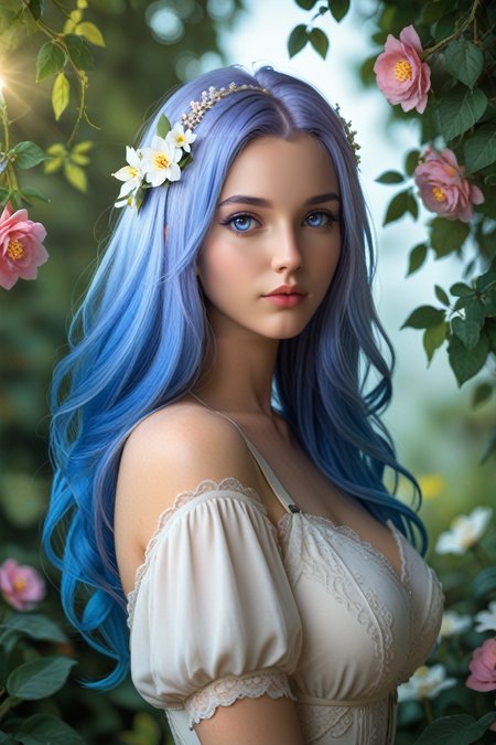 score_9, score_8_up, score_7_up,
<lora:FGBH:0.8>
FGBH, 1girl, blue hair, blue eyes, long hair, gradient hair, looking at viewer, standing in a sunlit garden, surrounded by blooming flowers, soft focus background with bokeh, gentle breeze rustling through leaves, romantic and dreamy ambiance