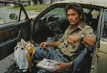 A slightly disheveled individual in the early evening, standing beside an older model car with the door open. The person's hand is still clutching the car's door handle as if they've just stepped out, with a look of mild concern etched on their face. They're dressed casually, with a calculator in one hand and a handful of crumpled receipts in the other, which are fluttering slightly in the breeze. The background is a typical suburban street with houses in the distance, hinting at the end of a shopping trip or daily errands. The lighting casts long shadows, suggesting it's the end of the day. The car's interior is partially visible, revealing a wallet and a few loose coins scattered on the seat. On the pavement, there's a shopping bag filled with groceries that look like they're about to spill out. The individual's eyes are focused on the calculator's display, their thumb hovering over the keys as they attempt to tally their expenses. The caption could be, "Daily Math: The Suburban Balancing Act" to encapsulate the moment of realization and the ongoing struggle to manage finances amidst everyday responsibilities.