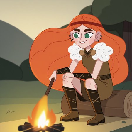 score_9, score_8, score_9, BREAK, ylva, orange hair, long hair, headband, green eyes, earrings, outdoors, campfire, natural lighting