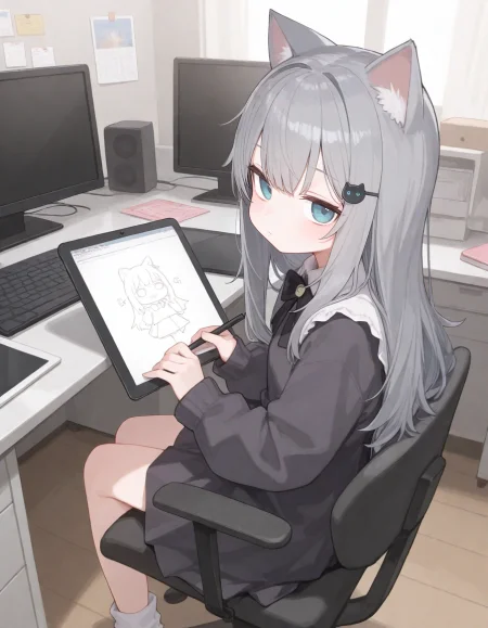 1girl, nachoneko, momoko \(momopoco\), sumiyao \(amam\), reel \(riru\), e-note, konnyaku \(kk-monmon\), ciloranko, ningen mame, wagashi \(dagashiya\), drawing tablet, computer, monitor, 
very awa, very aesthetic, masterpiece, best quality, amazing quality, absurdres <lora:dj_sloppa_ill_v2:0.1> <lora:nyaliaXLNBVP1lokrV6311P:0.1> <lora:n_XLNBVP1lokrV6311P:0.2> <lora:ricotte2:0.2>  <lora:748cmXLNBVP1lokrV6311PZ:0.2>
