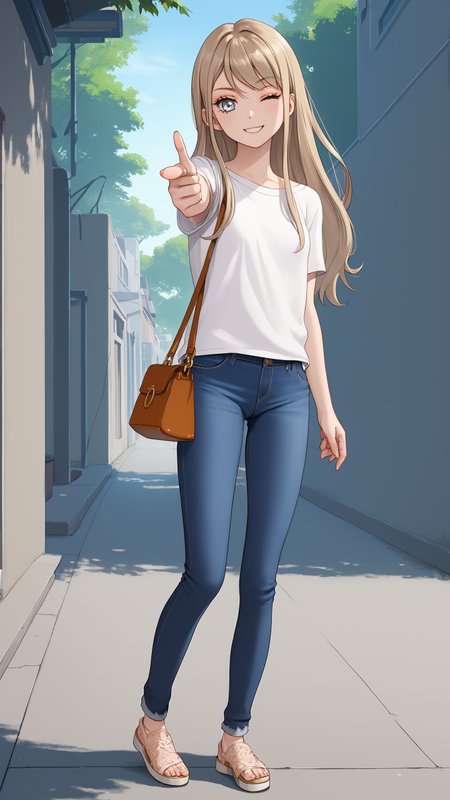 ((masterpiece)), (top quality), (best quality), (official art, beautiful and aesthetic:1.2), extreme detailed,colorful,
score_9, score_8_up, score_7_up,
source_animate,
zPDXL3, zPDXLxxx, uncensored,
((solo)), (((1girl))),
outdoors, sky, blue sky, sunbeam, sunlight, street,
(full body shot:1.2),
<lora:GTK:0.9>, GTKKaedeIchisugi, 1girl, blonde hair, long hair, grey eyes, makeup, small breasts,
white shirt, shirt tucked in, shoulder bag, jeans,
ninth pants, shoes,
standing, smile, one eye closed,
<lora:Fingergun_XLPD:1.0>, (finger gun:1.2), pointing at viewer,