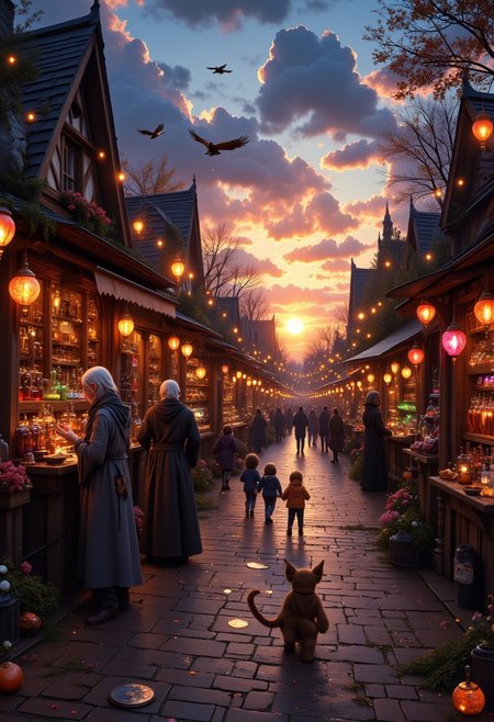 As the sun sets over a bustling magical market, colorful lanterns light up the cobblestone streets. Stalls line the streets, each one offering unique items—glowing crystals, enchanted scrolls, and soft, plush animals with shimmering fur. A merchant with a long, flowing robe gestures to a collection of potions, their glass bottles glowing with vibrant colors. In the distance, a pair of griffins fly gracefully across the sky, their wings spread wide. The air is filled with the smell of fresh bread and sweet pastries, and the sounds of lively chatter and laughter fill the air. A group of children play nearby, their faces lit with excitement as they chase after a small, floating orb of light. The market is filled with people from all walks of life, some dressed in simple robes, others in elaborate attire adorned with jewels and magical symbols.