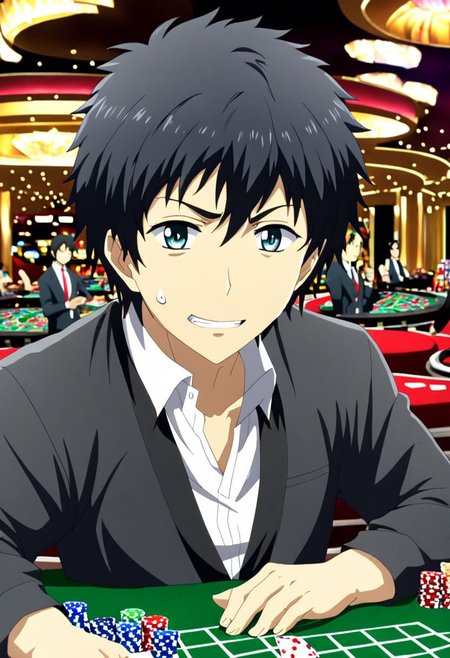 high resolution, solo, best quality, 1Boy, Arata Kaizaki, Black Hair, casino, gambling, OverallDetail