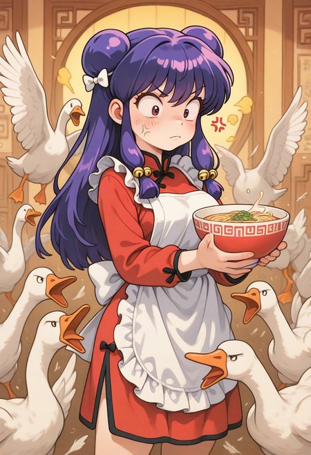 masterpiece,best quality,amazing quality,
(opossumachine:0.7),(toraishi666:0.5),colorfull,Vivid color, 
1girl,solo,shampoo_(ranma_1/2) ,
apron,
bell,
bow,
chinese clothes,
double bun,
dress,
hair bell,
hair ornament,
holding ramen bowl,
long hair,
maid apron,
purple hair,
red dress,
sidelocks,
star (symbol),
white bow,
anger vein,
goose ambush, 6+ geese,