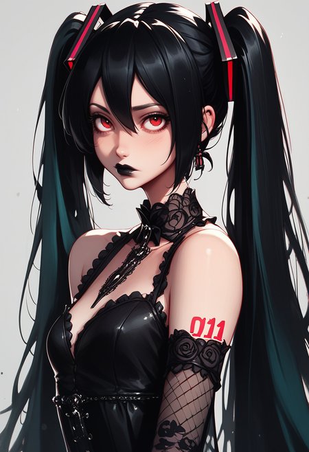 score_9, score_8_up, score_7_up, Goth girl, 1girl, hatsune miku, black lips, black hair, gothic dress, red eyes, gray background, closed mouth, <lora:add-detail-xl:0.4> , <lora:[GP] somethingweird [Pony XL]:0.2>, <lora:g0th1cPXL:0.3>,  <lora:Goth_girl_XL-v2:0.8> , <lora:raichiyo33XLP:1>