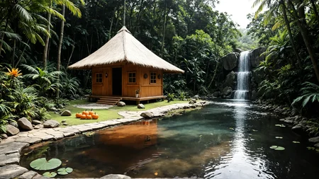 photo, photography, Fujifilm XT3 Viltrox, ((very detailed)), sharp focus, sharp background,  best quality, beautiful landscape, rainforest, jungle, sacred earth, stream, water ripples reflections, (small river pond), rainforest, hut, tribal amazon village, stunning nature environment, (bright sunny sky), high contrast, cinematic (lights), backlight, shadows, lens flare, vibrant colors, colorful, Pumpkin Spice Orange flowers and leaves,  <lora:add-detail-xl:1>  <lora:Better Blur Control:1>