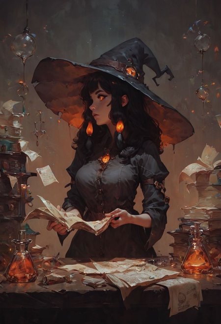 score_9, score_8_up, score_7_up,(profile shot:1.2), curvy thick witch woman, cute, black hair, orange eyes, big floppy witch hat
brewing potions in an alchemists lab, glowing, multi colored neon glow, chemistry set, cluttered desk with papers and tubes and glass bottles
