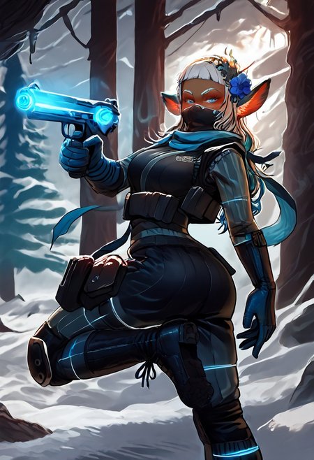 score_9, score_8_up, score_7_up, score_6_up, solo focus, <lora:4_optx-25:0.84>, masterpiece,best quality, highly detailed,source_cartoon, expressiveh, easynegative, eye_focus, dual pistols holstered, fully clothed, full body armor, bulletproof vest, wide hips, pointing forward, detailed face, perfect body, detailed hands, musculature, breasts, thighs, long hair,  ass, tanned skin, thigh band,1girl, black ninja outfit, ninja mask,striped stockings, leg armor, hairband, black dresssuit, blue gloves, elbow gloves, bakara jurgen blue,thigh pouch, black bdu,headgear, ballistic vest, knee pads, lidded eyes, blue eyes,makeup, wide hips, muscular woman, cyan highlight, colored eyelashes,multicolored hair, hair flower, eyewear on head, neon clothing, animal ear fluff, fox ears, mouth mask, ninja, scarf, glowing eyes, transparent skin, transparent, translucent, glowing, neon, neon_style, p1n3, outdoors, forest, pine trees,snow, graphic novel, ink lined illustration, multicolored outline,  black canvas, depth of field, <lora:incase---1:0.3>, <lora:Realistic_2.5DAnime_Merge1:0.4>