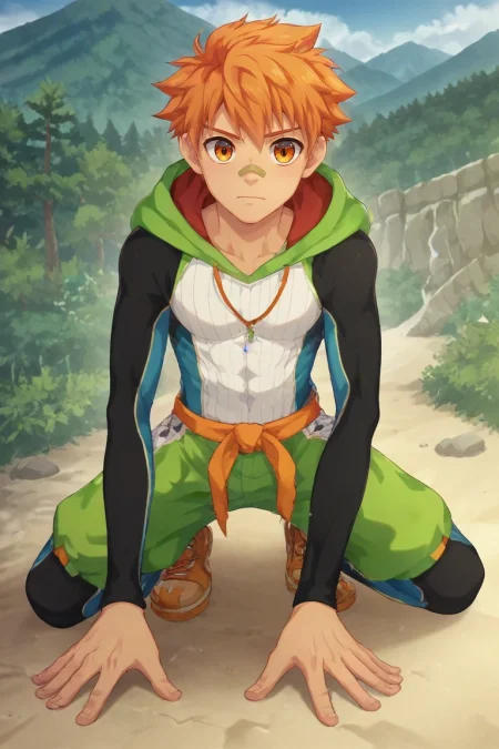 score_9, score_8_up, score_7_up, , rating_safe, intricate details, anime screencap, , , , , 1boy, solo, male focus, <lora:jirou_camp_buddy_pony:0.9>, jirou_camp_buddy, orange hair, orange eyes, bandaid on nose, mountain sanctuary, stone temples, snow paths, meditation peaks, peaceful pose, serene expression, dawn, male Youth Well-defined, Pacific Islander, Steel gray eyes, Long Nose, Unique Chin, Underbite Jaw, High Forehead, Pear face shape, , Dark Chestnut Waves haircut hair, Envy, wearing Hiking pants, Striped Baseball henley, , , and, Kneeling, showing humility, <lora:sdxl_lightning_8step_lora:1>
