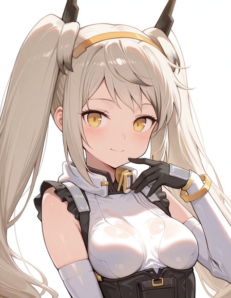 Volumetric Lighting, (masterpiece), (best quality), (ultra-detailed), masterpiece, source_anime, score_9, score_8_up, score_7_up BREAK, illustration, disheveled hair, detailed eyes, perfect composition, moist skin, intricate details BREAK, Deagle, yellow eyes, very long hair,medium breast , twintails BREAK, Garudaoftheempyrean, GOTE_dress, GOTE_hairband, twintails, drill hair, GOTE_gloves, GOTE_elbow_gloves BREAK, ((white background)), looking at viewer, smile, face focused,hand up, upper body