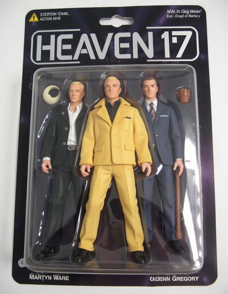 <lora:Knockoff_Toy_Twister_FLUX:1> Action Figure: The image is a photograph of a packaged action figure of (HEAVEN 17). MARTYN WARE, IAN CRAIG MARSH, GLENN GREGORY