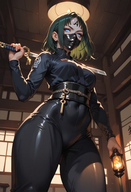 score_9, score_8_up, score_7_up, score_6_up, source_cartoon, masterpiece, 8k, beautiful, detailed body, detailed eyes, intricate details, detailed eyes, rimixa, sinozick style, invncbl,
BREAK,
1girl, asian woman, pale skin, blue glowing eyes, wide hips, medium breast, thick thighs, round ass, (dark green hair, medium hair, bum), toned, abs
BREAK,
(dynamic pose: 2:0), masked face, full mask ninja, fighting stance, mid movement, looking back, holds a sword, ninja sword in hand, creeps up
BREAK,
tight black ninja bodysuit, black bodysuit, black mask, black clothes
(piercings:1.2),
BREAK,
dojo background, dark, (backlighting, key light, dim lights), cinematic, high contrast, dynamic angles, from below, night, torch light, Dojo