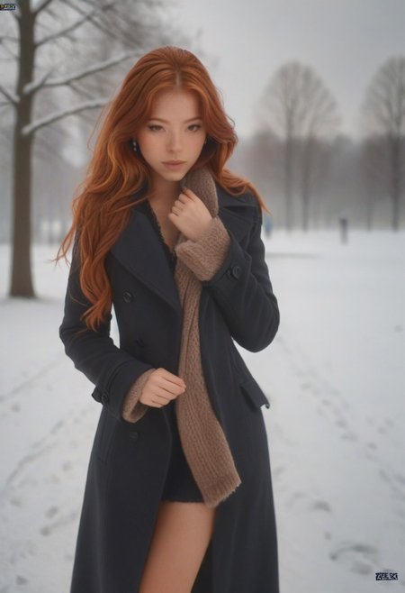em5588, 18 yo, best illustration, illustration, masterpiece, best quality, ultra-detailed, photo of beautiful woman ,seductive, red hair.coat  ,in the park,   Winter, snow  ,  masterpiece) (best quality) (detailed) (8k) (HDR) (wallpaper) (cinematic lighting) (sharp focus) (intricate)